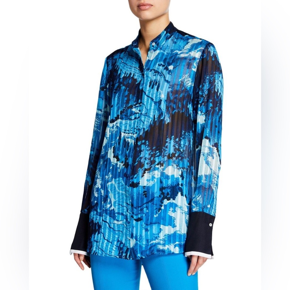 Victoria Beckham Pleated Button Down Blue Patterned Top